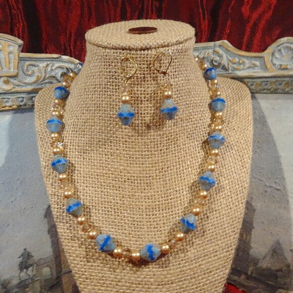 Handmade necklace/earring set with sky-blue Czech bicones and Austrian crystals - Picture 1 of 8